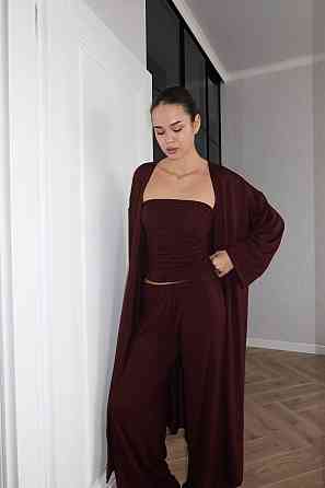 Жіночий базовий костюм-трійка: кардиган топ і штани турецька віскоза Шоколадний Одеса