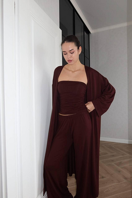 Жіночий базовий костюм-трійка: кардиган топ і штани турецька віскоза Шоколадний Одеса - фото 1