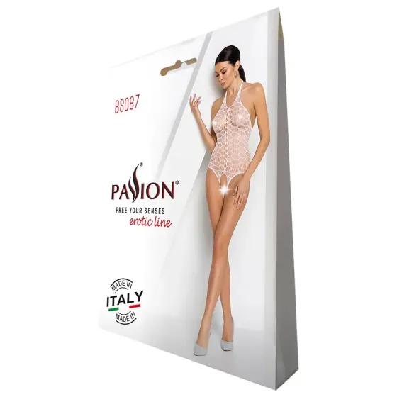 Бодістокінг у велику сітку Passion BS087 white, відкрита спина, халтер, з доступом Львів