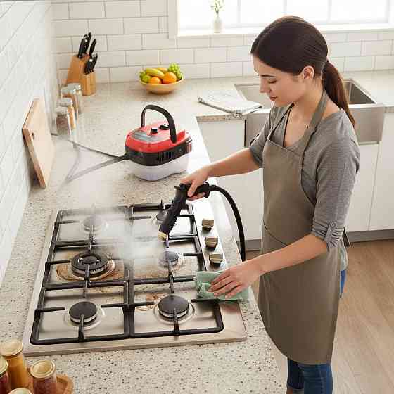 Портативный пароочиститель для дома, 2500Вт, 900мл + 4 насадки, Красный / Парогенератор для уборки / Паровой очиститель Киев