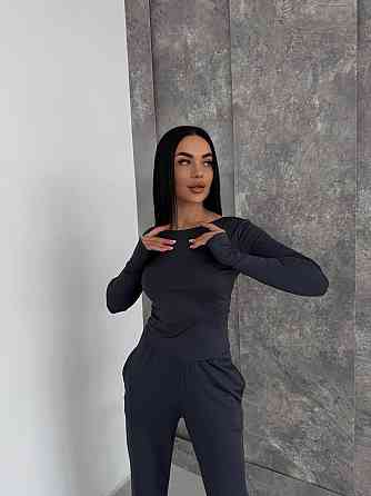 Женский базовый костюм тройка: лонгслив, футболка и штаны микродайвинг Графит Одесса