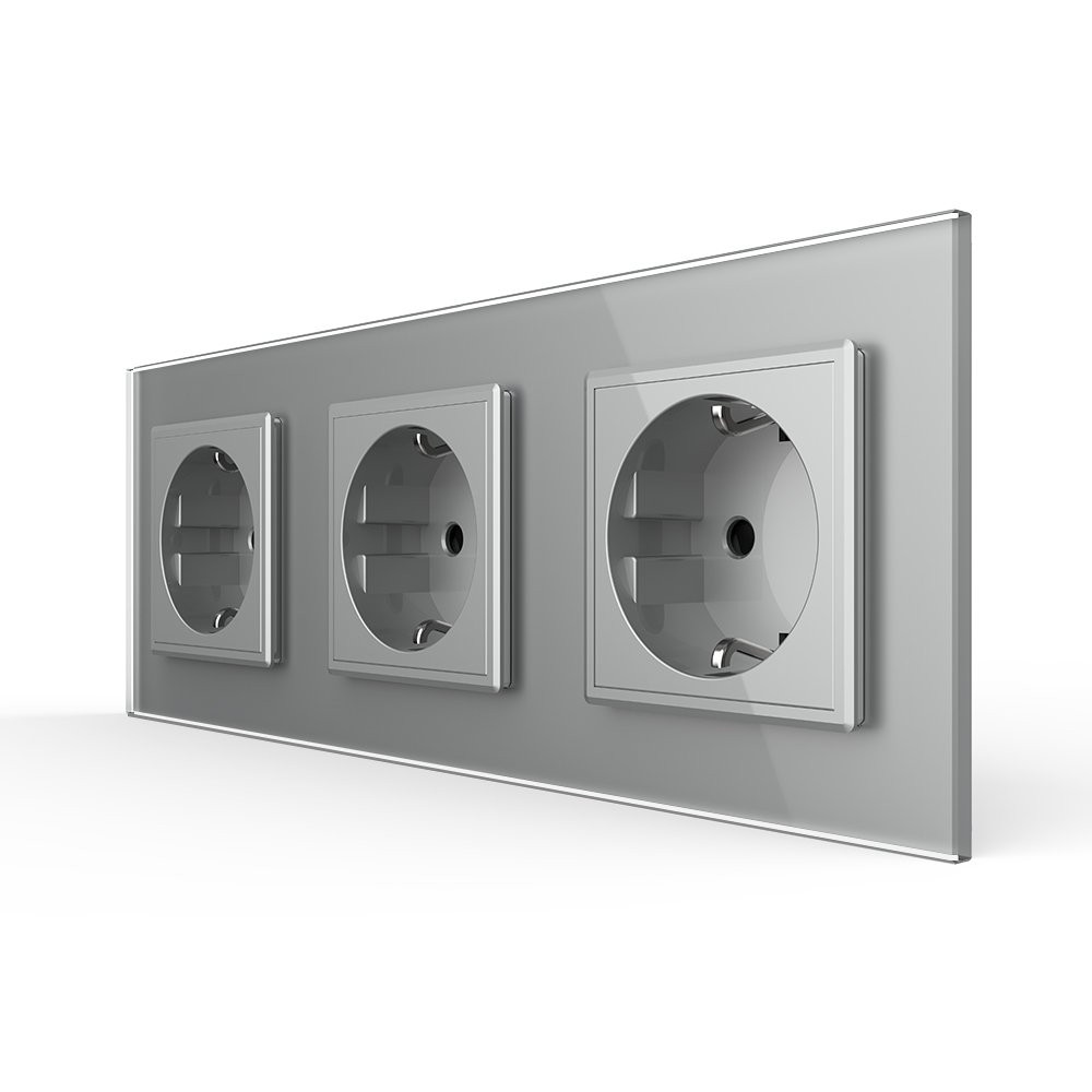 Потрійна електрична розетка з заземленням LIVOLO, сіра, скляна рамка, шторки, 250В 16А (VL-C7C3EU-15) Коломыя - изображение 9