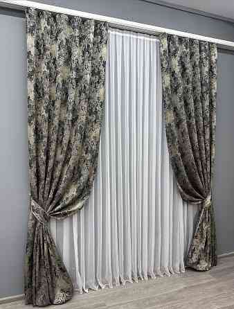 Комплект готових штор VR-Textil Льон Преміум № 1694ш Чорний з бежевим 100х290 см 2 шт (31-915) Київ