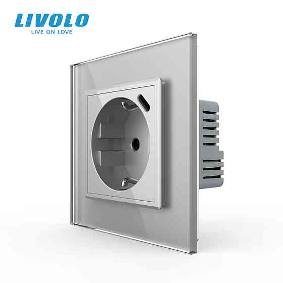 Електрична розетка з USB Type-C 18Вт для зарядки, з заземленням, LIVOLO, сіра, скляна рамка, 250В 16А (VL-C7CTF16A.UC18W-2IP) Коломыя