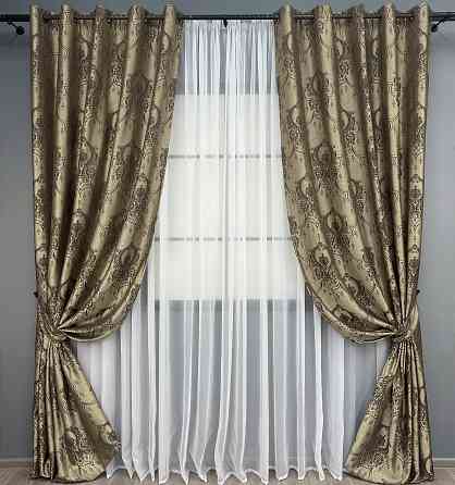 Комплект штор на люверсах VR-Textil Парча № 1775ш Бежевый с венге 155х270 см 2 шт (37-0259) Киев