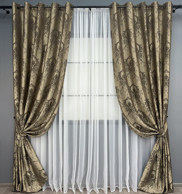 Комплект штор на люверсах VR-Textil Парча № 1775ш Бежевый с венге 155х270 см 2 шт (37-0259) Киев - изображение 2