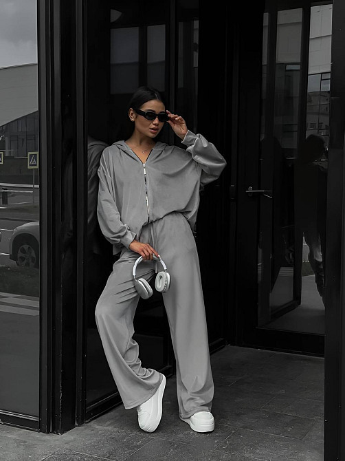 Жіночий прогулянковий костюм-двійка: кофта та штани з плюшевого велюру Сірий, 46/48 Одеса - фото 1