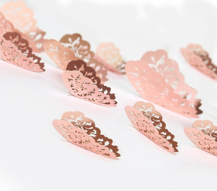 Декоративні 3d метелики мереживні, на скотчі, рожеве золото, в наборі 12штук різних розмірів, пластик Київ - фото 3