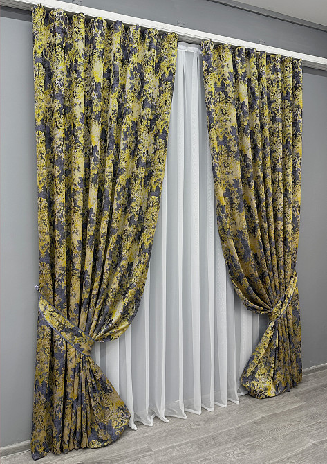 Комплект готових штор VR-Textil Льон Преміум № 1834ш Сірий з жовтим 150х295 см 2 шт (33-0826) Київ - фото 3