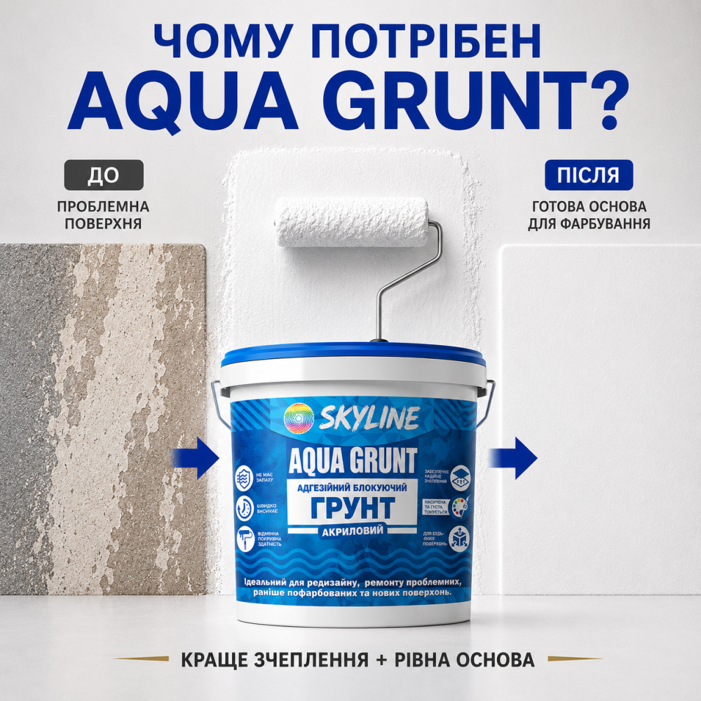 Ґрунтовка акрилова адгезійна блокувальна Skyline Aqua Grunt, біла, без запаху, для фарбованих поверхонь, 10 л Харків - фото 8