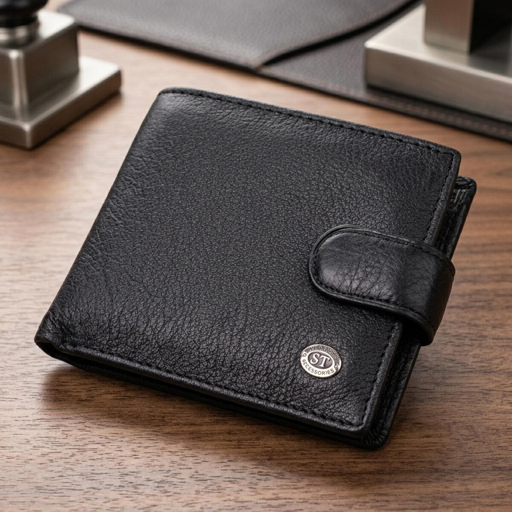 Мужской горизонтальный бумажник среднего размера из натуральной кожи ST Leather 22484 Черный Киев - изображение 11