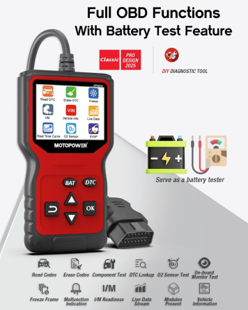 Автосканер MOTOPOWER MP69033 Pro OBD2 с тестером аккумулятора 12 В, TFT 2,8″, Live Data, проверка генератора, красный Киев