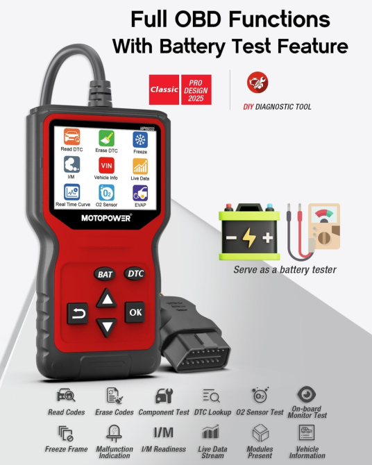 Автосканер MOTOPOWER MP69033 Pro OBD2 с тестером аккумулятора 12 В, TFT 2,8″, Live Data, проверка генератора, красный Киев - изображение 4