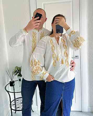 Женская стильная вышиванка с золотой вышивкой и с кружевными вставками 80% хлопок, 20% полиэстер. 42, Белый Одесса