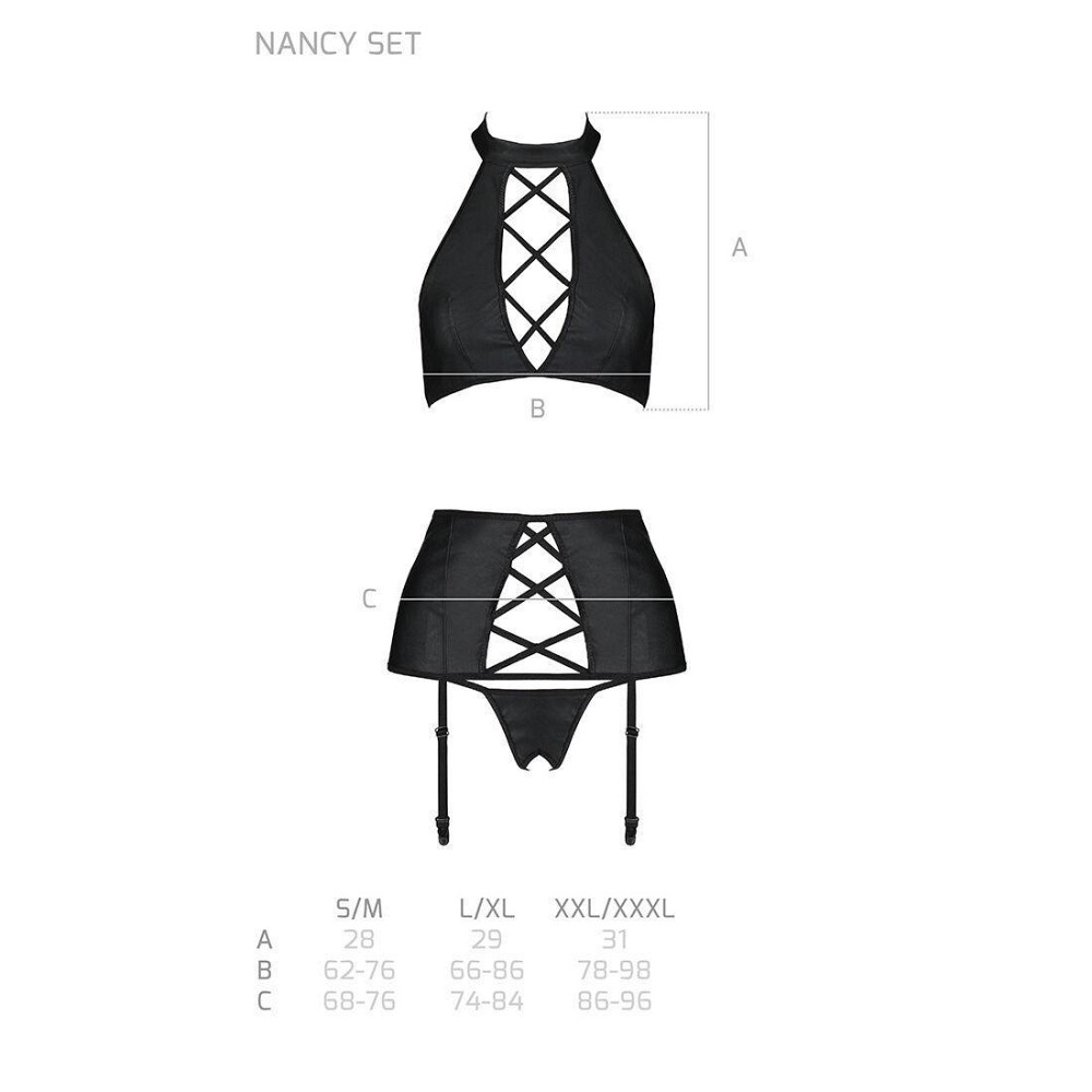Комплект з еко-шкіри з імітацією шнурівки Passion NANCY SET L/XL black топ, трусики, пояс для панчіх Sex Aura Київ - фото 5