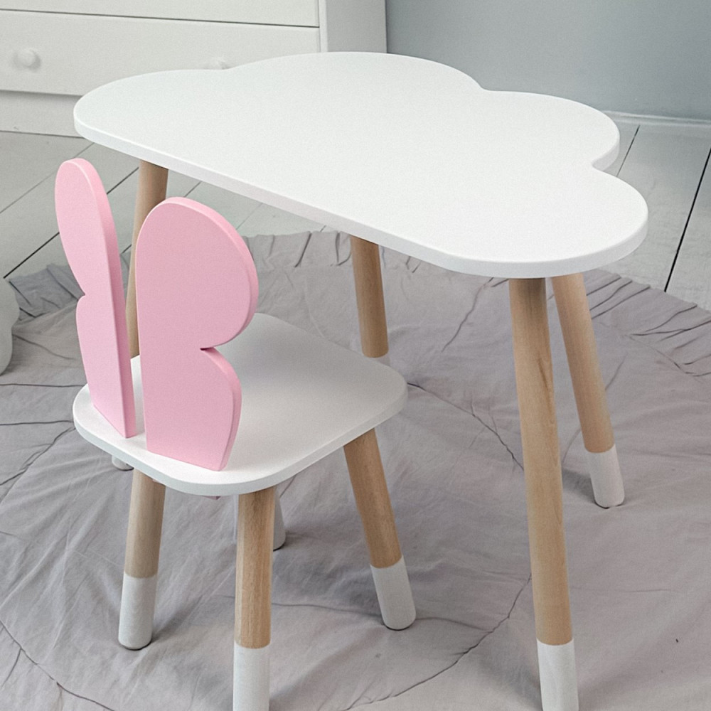 Детский белый стол тучка и стул бабочка розовый. Белоснежный столик детский. Киев - изображение 1