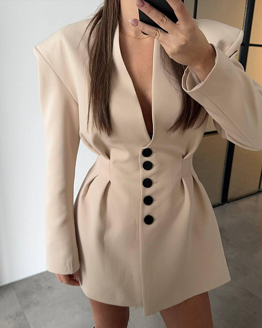 Женское стильное мини платье-жакет турецкая костюмка Бежевый, 46/48 Одесса - изображение 4