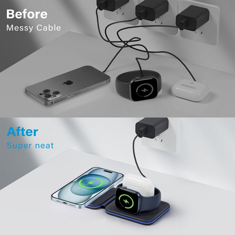 Складана зарядна станція 3в1 Apetiy, MagSafe, для iPhone, Apple Watch, AirPods, 18W адаптер, чорна Київ - фото 7