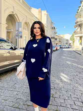 Жіночий теплий костюм-двійка з сердечками дрібне машинне в'язання Темно-синій Одеса