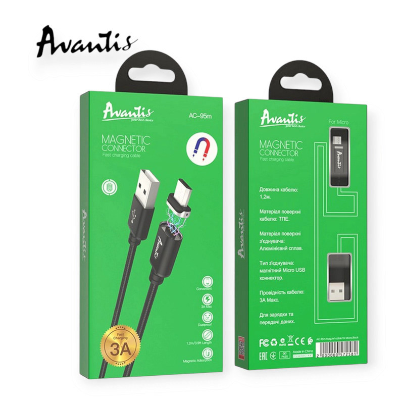 Кабель для заряджання магнітний Avantis USB - Micro USB, 1.2м, 3.0А чорний, круглий Мукачево - фото 1