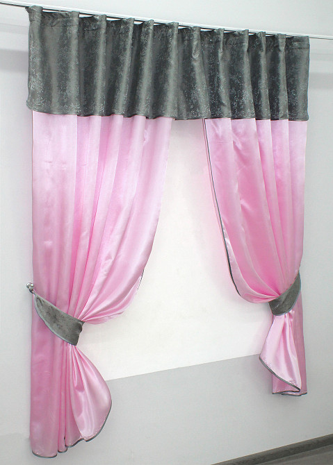 Кухонні штори VR-Textil № 073к з ламбрекеном і підхватами рожевий із графітовим 290х170 см (52-0208) Київ - фото 2