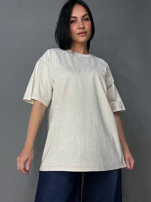 Футболка жіноча YUJIE YISHANG 8532 варена тай дай з камінцями оверсайз бежева, бежевий, one size Одеса - фото 1