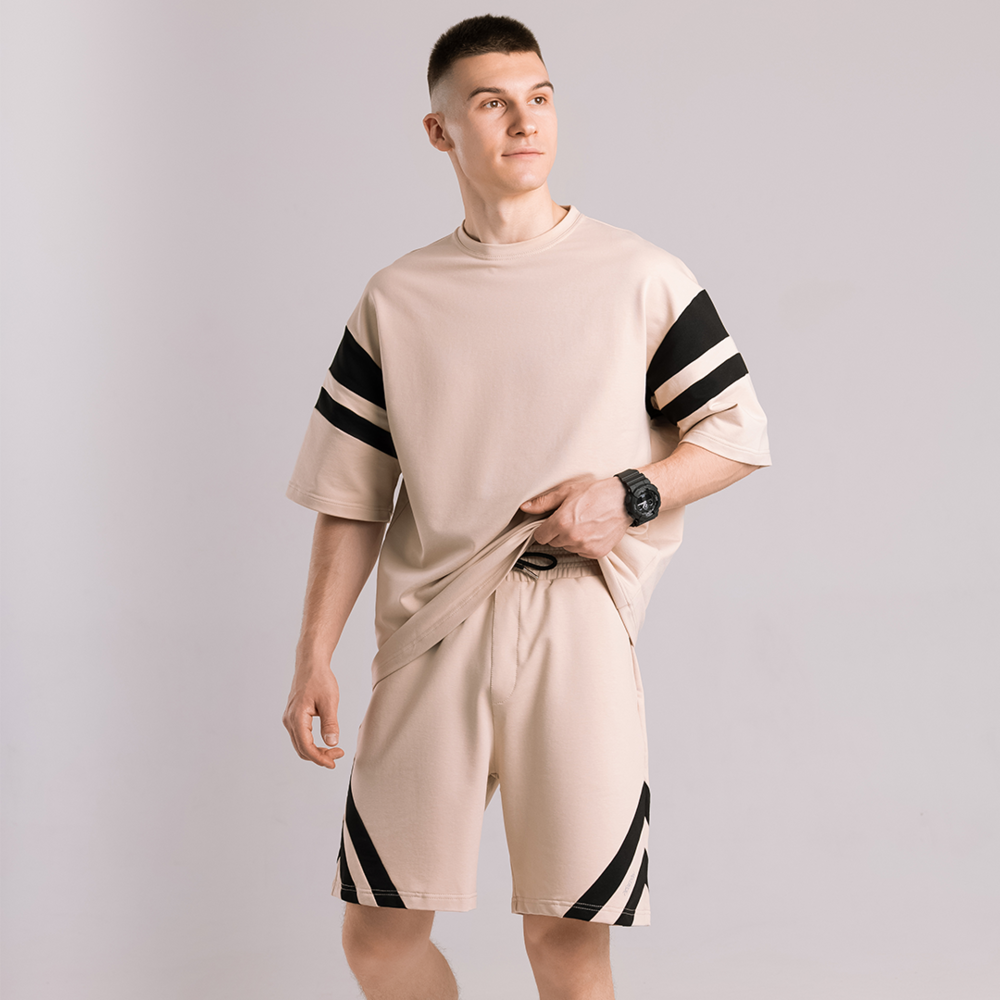 Чоловічий літній комплект шорти і футболка бежевий вільного крою Pobedov Flow Київ - фото 1