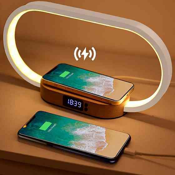 Настільна лампа Wanjiaone з годинником, LED, димером, 10W бездротова зарядка, USB, біло-дерев’яна Київ