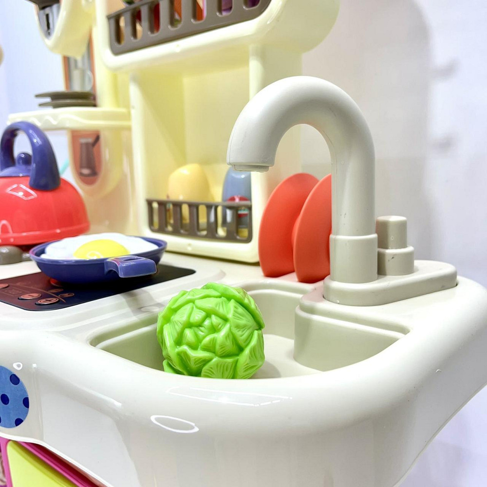 Кухня ігрова 42 предмети посуд продукти плита мийка-льюча вода пар музика світло на батарейках Рожева (16890B) Чернігів - фото 4