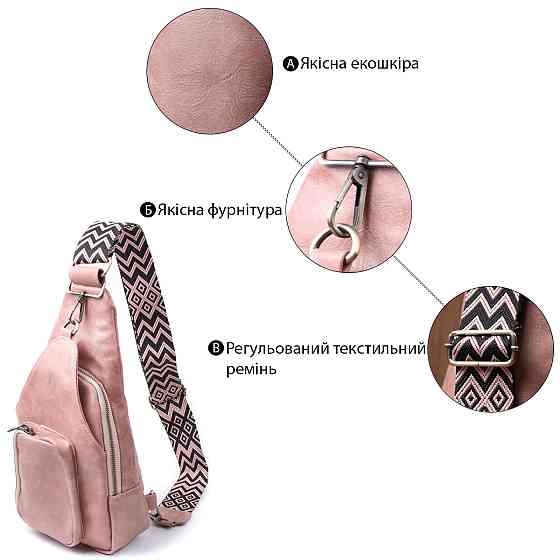 Жіноча сумка з акцентом на текстильну лямку з гладкої екошкіри Vintage 22772 Рожевий Київ