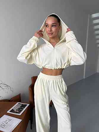 Жіночий велюровий костюм-двійка: худі на блискавці та штани Молочний, 46/48 Одеса