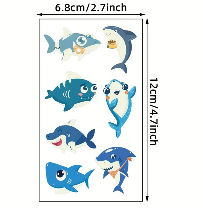 Набір наліпок з акулами 5 аркушів, дитячі наклейки що світяться в темряві, флуоресцентні тату акули Київ - фото 5