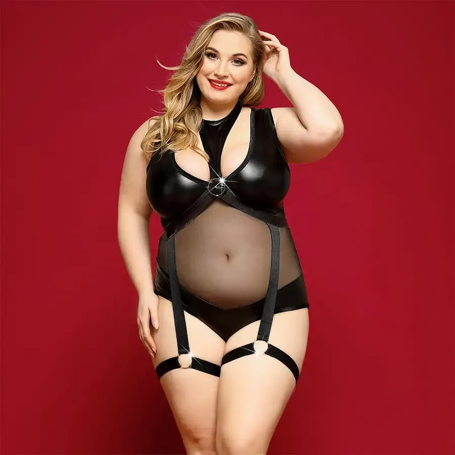 Елегантне боді з екошкіри JSY «Спокуслива Морган» Plus Size, Black, сітка, портупея з гартерами Львов - изображение 1