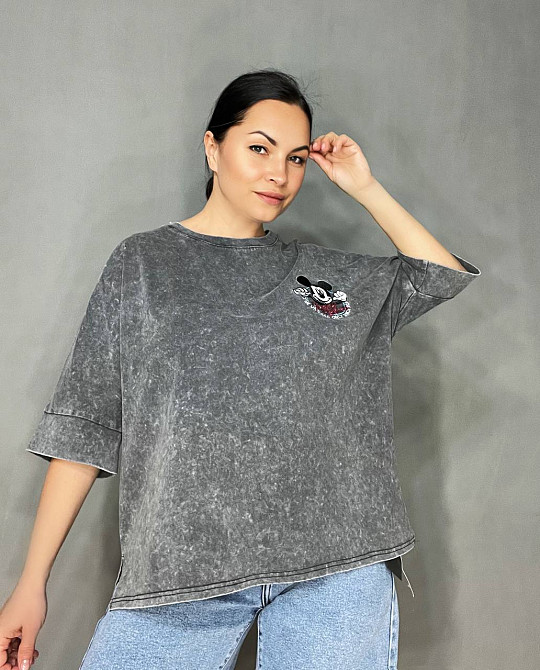 Футболка женская A-N 26030 вареная тай-дай оверсайз с вышивкой Mickey Mouse, серый, one size Киев - изображение 11
