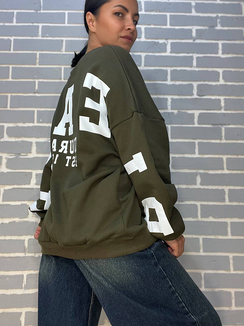 Свитшот женский DAVRAS 6000 оверсайз удлиненный надпись на спине PLEASED утепленный на флисе one size, зеленый, one size Киев - изображение 14