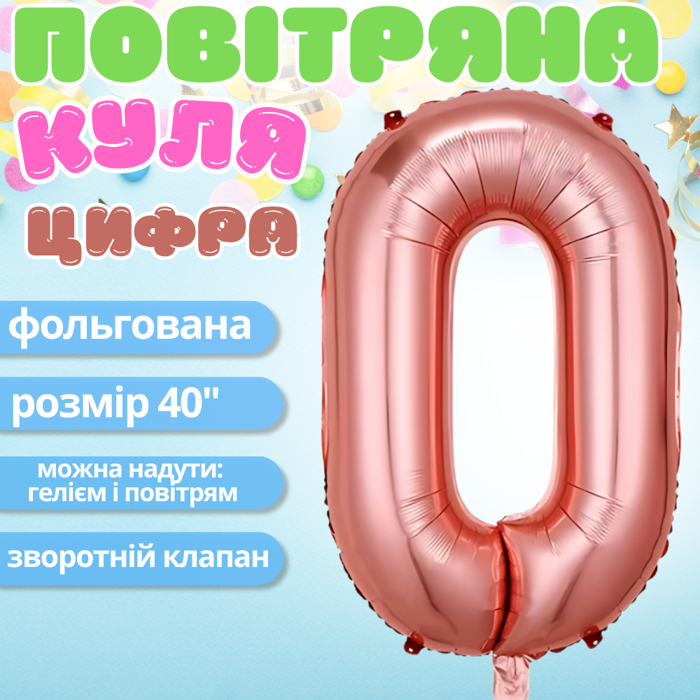 Повітряна куля у вигляді цифри 0 рожеве золото,40 дюймів, фольгована, для свят для дня народження,річниць Кам'янець-Подільський - фото 1