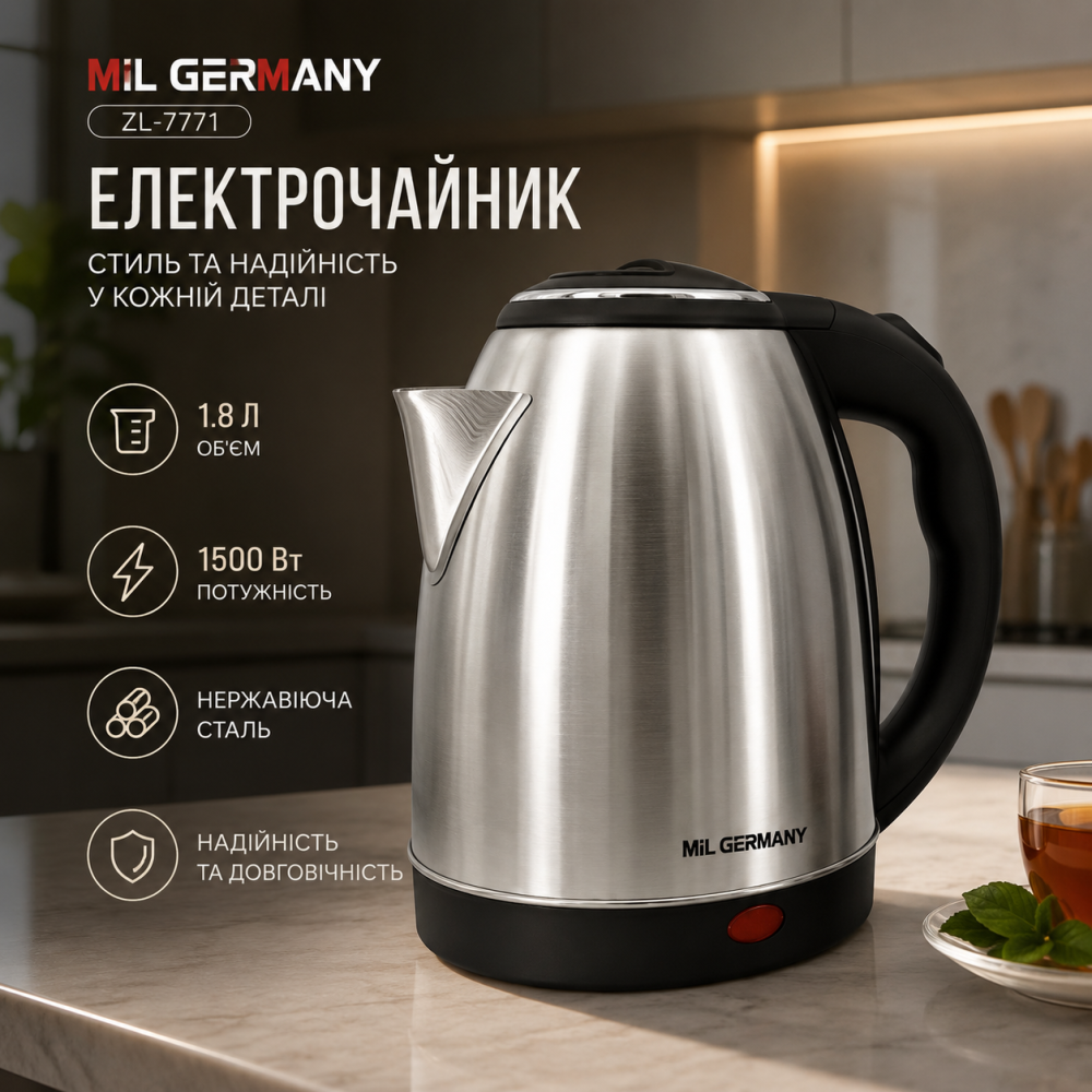 Електрочайник Mil Germany ZL-7771 (1.8 л, 1500 Вт): Стиль та надійність із нержавіючої сталі Київ - фото 4