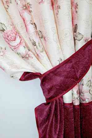 Кухонные шторы VR-Textil № 073к с ламбрекеном и подхватами бордовый с персиковым 270х160 см (52-0520) Киев