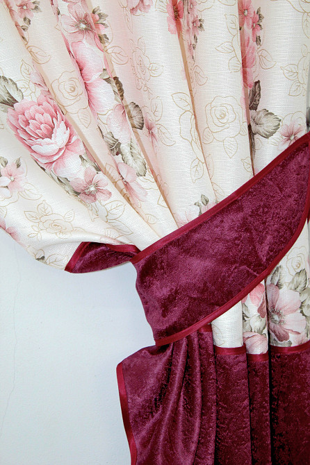 Кухонные шторы VR-Textil № 073к с ламбрекеном и подхватами бордовый с персиковым 270х160 см (52-0520) Киев - изображение 3