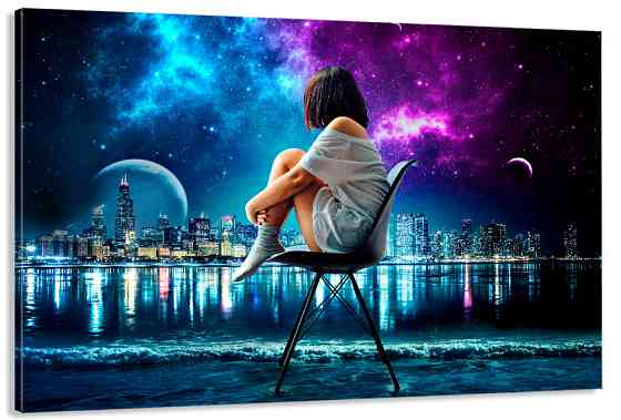 Картина холст в гостиную / спальню   Дівчина в нічному місті   MLP_347 70x140 см Киев