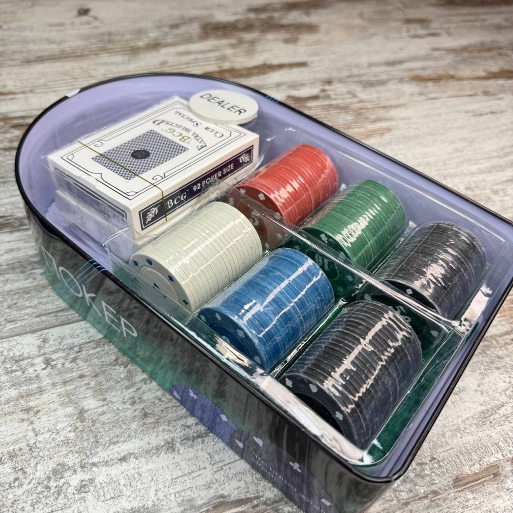 Набір для покеру: 2 колоди, 120 фішок з номіналом, сукно, металева коробка Київ - фото 6