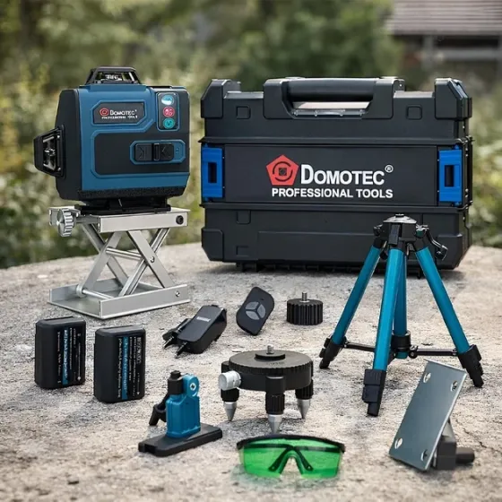 Лазерний рівень Domotec 4D 16 ліній зелений промінь: LCD, самовирівнювання, IP54, 2 АКБ, штатив, кейс Одеса