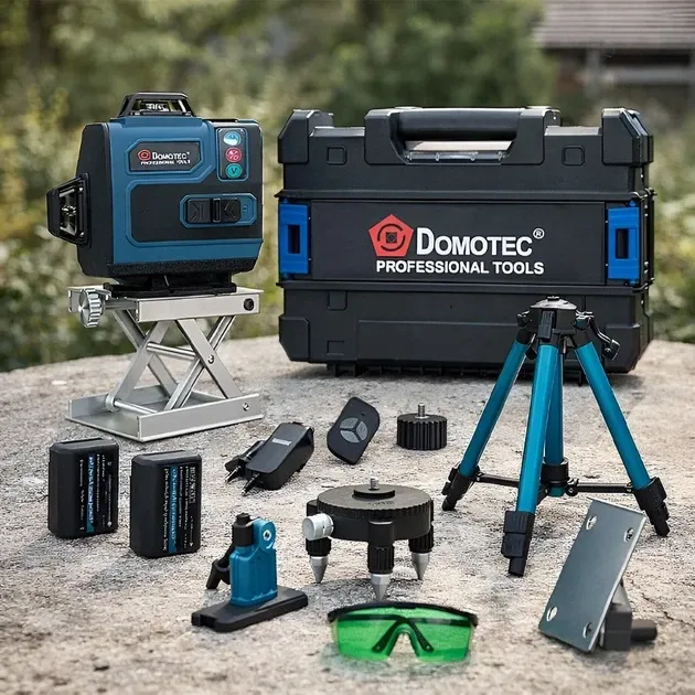 Лазерний рівень Domotec 4D 16 ліній зелений промінь: LCD, самовирівнювання, IP54, 2 АКБ, штатив, кейс Одеса - фото 1