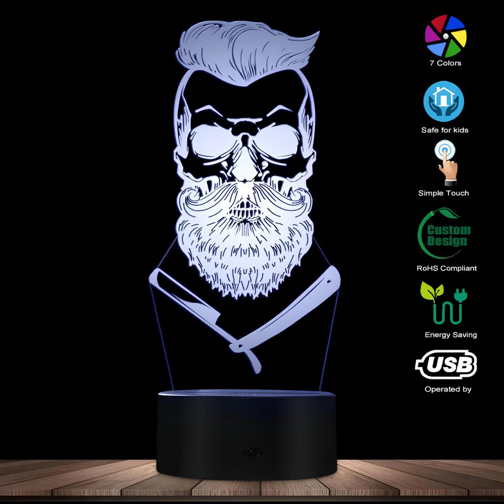 3D светильник Barber Skull RESTEQ — светодиодная лампа череп парикмахера, 7 цветов, USB/батарейки Киев - изображение 7
