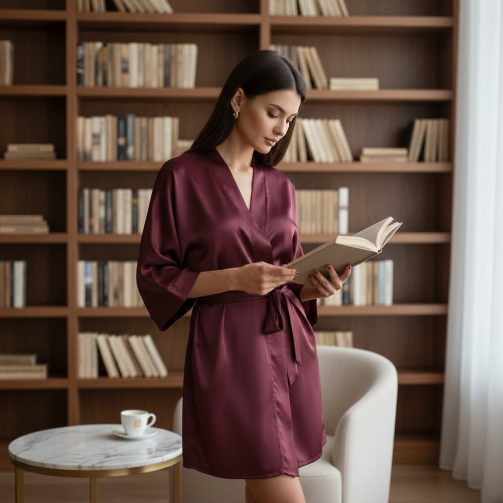 Халат женский шелковый под пояс длина 90см Бордовый XS/S Харьков - изображение 4