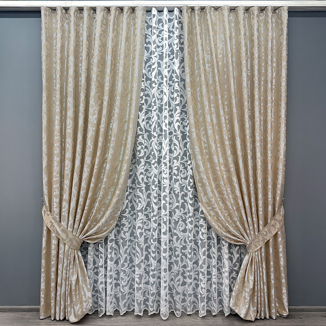 Комплект штор VR-Textil Жаккард Вензель 150х270 2шт и Тюль 600х270 416ш-1147т Бежевый с белым 71-100/5 Киев - изображение 1