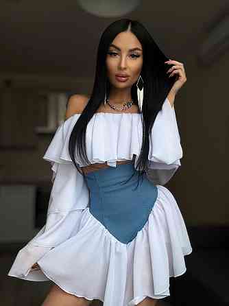 Женский романтичный костюм двойка: многослойная блуза и шорты-юбка креп шифон + джинс бенгалин Одесса