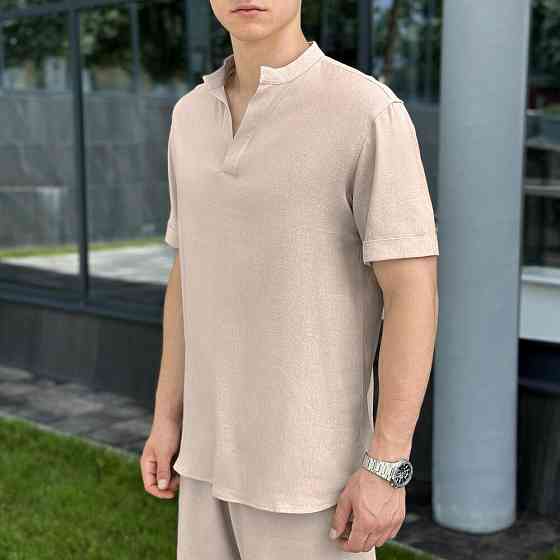 Кремовая льняная рубашка для мужчин с коротким рукавом Pobedov Misto Киев