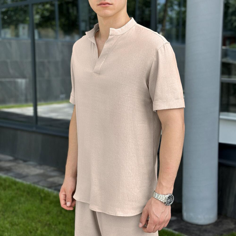 Кремовая льняная рубашка для мужчин с коротким рукавом Pobedov Misto Киев - изображение 4