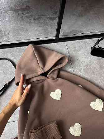 Жіночий теплий прогулянковий костюм-двійка з сердечками тринитка на флісі + ангора рубчик Моко, 42/44 Одеса